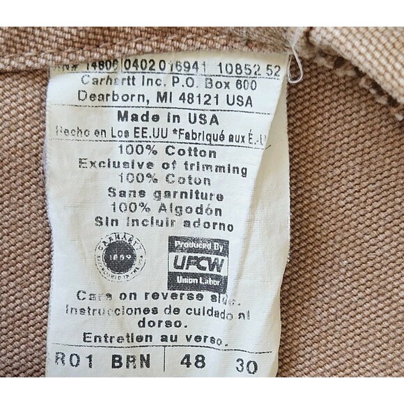 Vintage CARHARTT R01 Bib Overalls Brown Double Knee USA Union Made 48X30 (48X28) - Picture 4 of 11